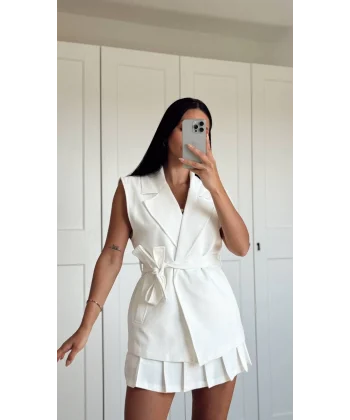 PREMİUM KUŞAKLI EKRU KETEN YELEK