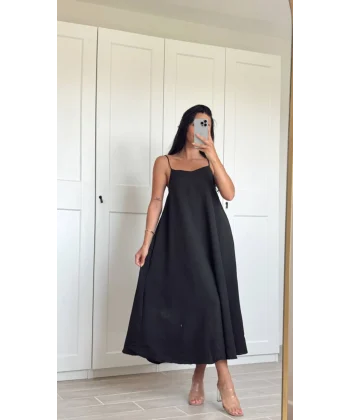 ASKILI UZUN KETEN ELBİSE SİYAH