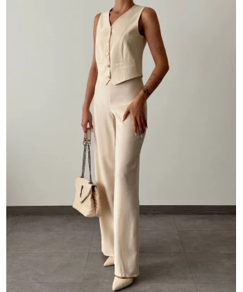 Modal Kumaş Yelek Pantolon Takım Vizon