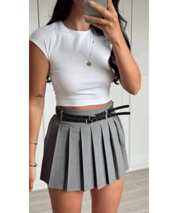 KEMER DETAYLI PİLELİ MİNİ ETEK ANTRASİT