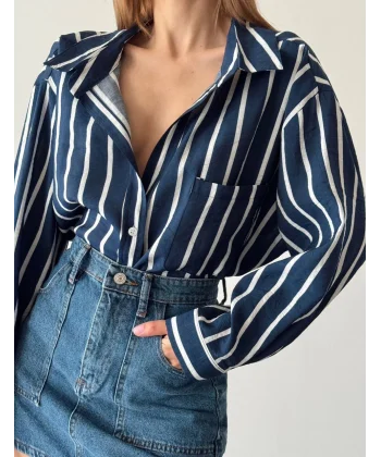 BEYAZ ÇİZGİLİ OVERSİZE LACİVERT GÖMLEK