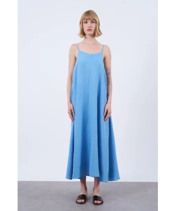 İNCE ASKILI UZUN KETEN ELBİSE MAVİ