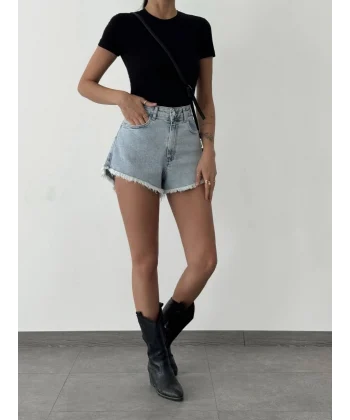PAÇALARI PÜSKÜLLÜ KOT ŞORT MAVİ