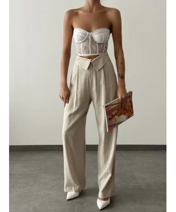 QUZU Bel Detaylı Bol Paça Keten Pantolon Naturel