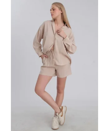 Modal Kumaş Şort Gömlek Takım Taş