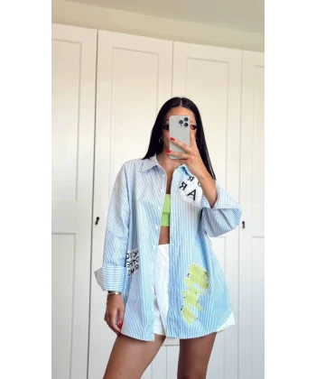 Çizgi Detaylı Baskılı Oversize Gömlek Mavi