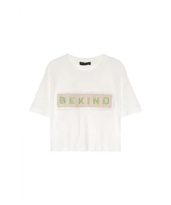 Püskül Detaylı Yazılı Crop Tişört Ekru