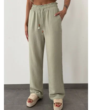 BELİ LASTİKLİ KETEN PANTOLON YEŞİL