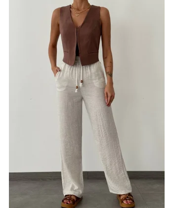 BELİ LASTİKLİ KETEN PANTOLON EKRU_