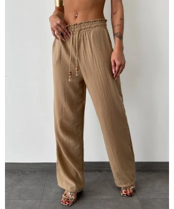 BELİ LASTİKLİ KETEN PANTOLON KAHVE