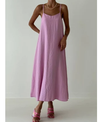 İNCE ASKILI UZUN PEMBE KETEN ELBİSE