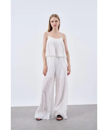 KETEN BLUZ PANTOLON KIRIŞIK TAKIM BEYAZ