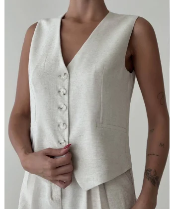 TAŞ RENK SÜS CEPLİ PREMİUM KETEN YELEK