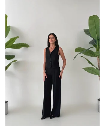 PREMİUM YÜN EFEKT KUMAŞ YELEK PANTOLON TAKIM SİYAH