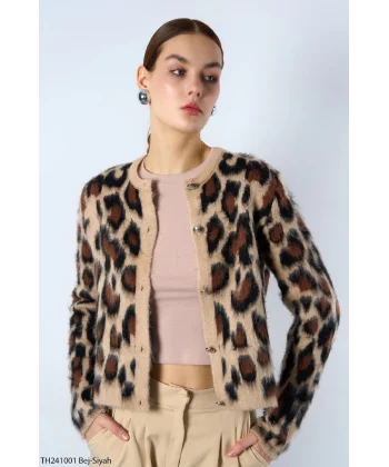 Şardonlu Leopar Desen Hırka - Bej-Siyah