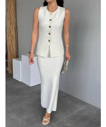 Myra Gold Düğmeli Yelek Etek Takım-Ekru