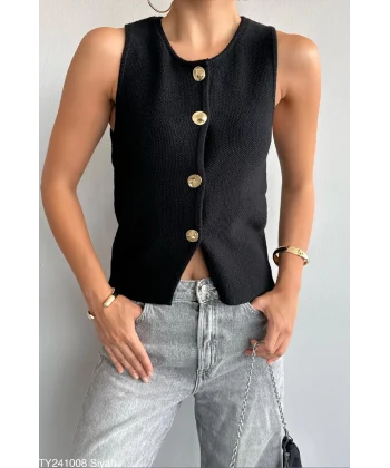 Gold Düğme Siyah Triko Yelek