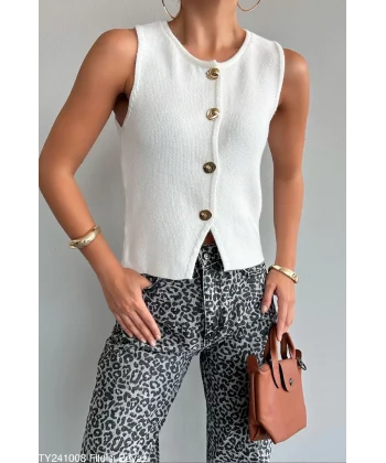 Premium Gold Düğme Beyaz Triko Yelek