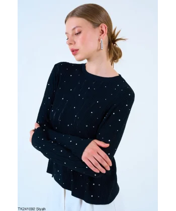 Taşlı Triko Siyah İnce Kazak