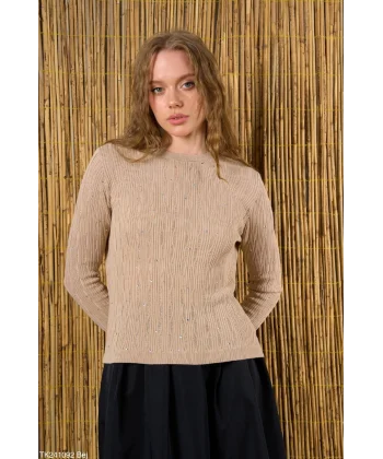 Taşlı Triko Bej İnce Kazak