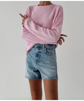 Dikiş Detay İnce Triko Kazak Pembe