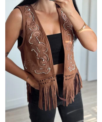 Taba Püskül Detaylı Süet Yelek