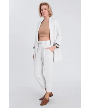 Myra Leopar Astarlı Şal Yaka Blazer Ceket Beyaz