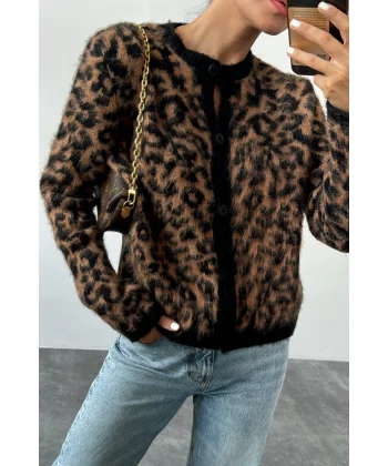 Bisiklet Yaka Kahverengi Leopar Desenli Hırka