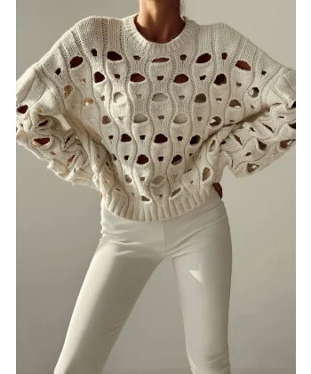 DELİKLİ KALIN TRİKO KAZAK KREM