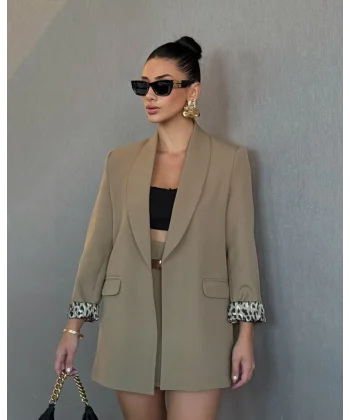 Leopar Astarlı Şal Yaka Blazer Ceket Haki