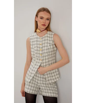 Ekose Desenli Yelek Şort Takım Ekru