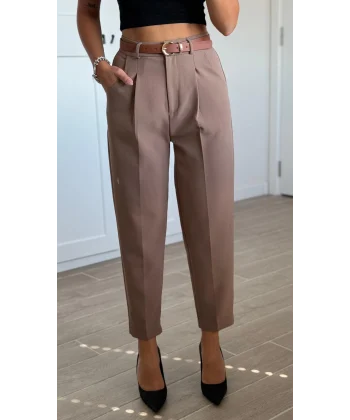 Yüksek Bel Kemerli Havuç Pantolon Kahverengi