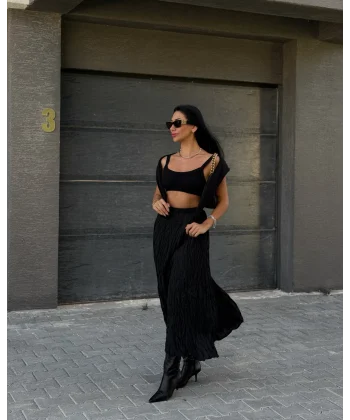 Kırışık Modal Kumaş Uzun Astarlı Etek Siyah