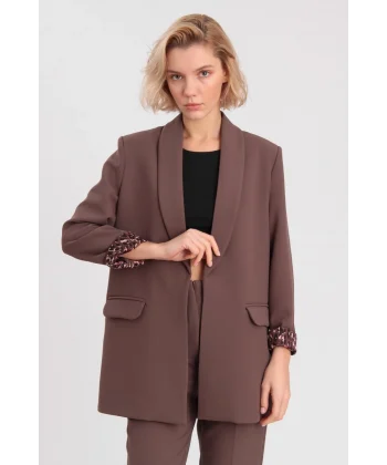 Leopar Astarlı Şal Yaka Blazer Ceket Kahverengi