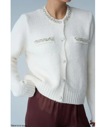 Taş İşlemeli Ekru Hırka