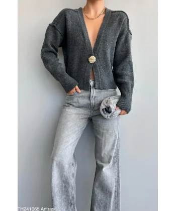 Ters Dikişli Tek Düğmeli Antrasit Hırka