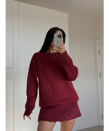 Bordo İkili Etek Kazak Triko Takım