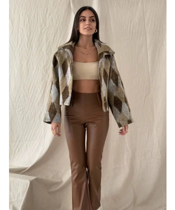 Baklava Desen Jakar Ceket Kahve