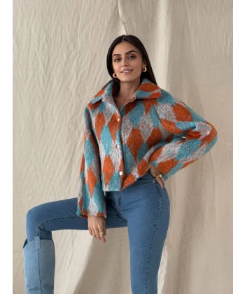 Baklava Desen Jakar Ceket Turuncu