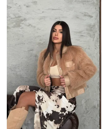 Deri Garnili Vizon Kürk Ceket