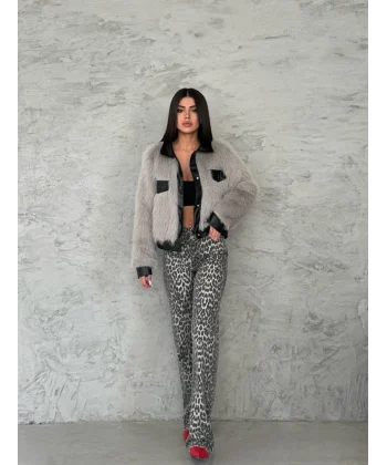 Deri Garnili Gri Kürk Ceket