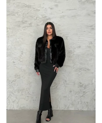 Deri Garnili Siyah Kürk Ceket