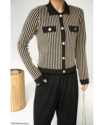 Gold Düğme Çizgili Triko Hırka