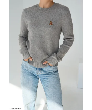 Ayı Armalı Gri Triko Kazak