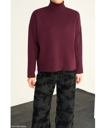 Yarım Balıkçı Yaka Bordo Triko Kazak