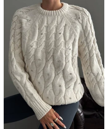 Saç Örgü Taşlı Ekru Kazak