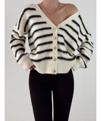 Sakallı Çizgili Hırka Ekru