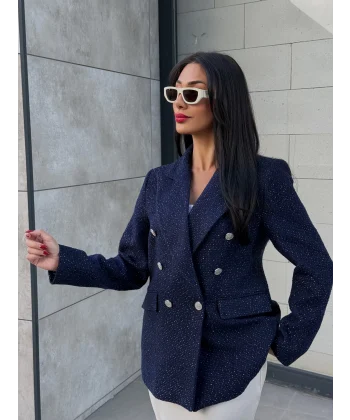 Simli Şanel Kruvaze Lacivert Blazer Ceket