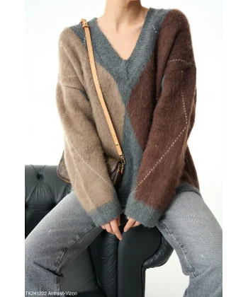 Baklava Desen V Yaka Kazak - antrasit/vizon