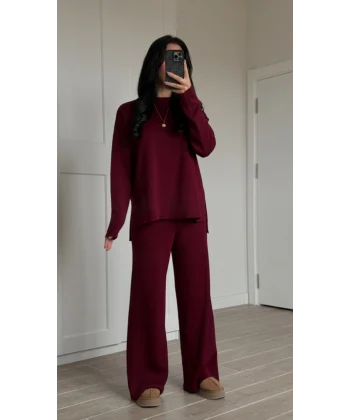 Bisiklet Yaka Yırtmaçlı Kazak Pantolon Triko Takım Bordo